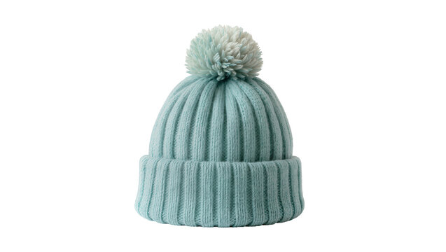 Isolated knitted light blue beanie hat with pom pom, cozy winter fashion accessory