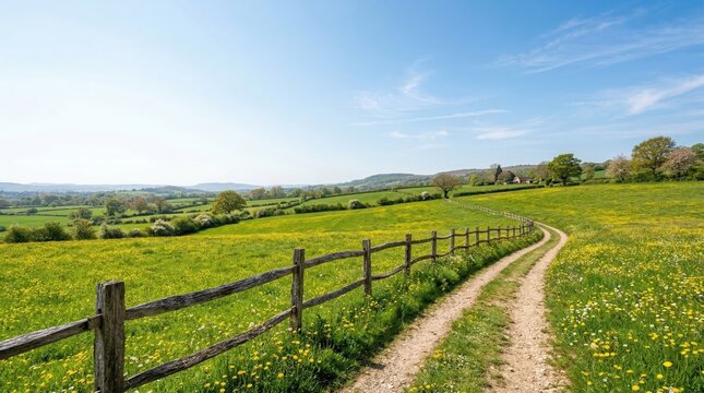 Sentiero sterrato che si snoda in un vasto prato fiorito con staccionata di legno. Generative AI 