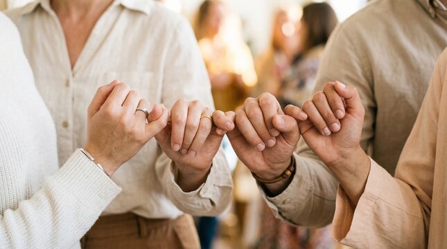 Group of people linking pinky fingers together in unity