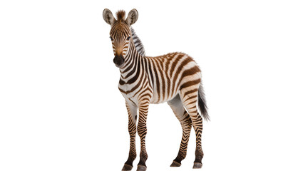 Fototapeta premium Isolated adorable young zebra foal standing still and looking at the camera attentively