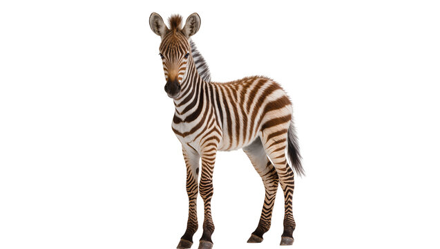 Isolated adorable young zebra foal standing still and looking at the camera attentively