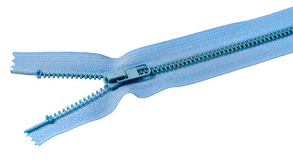 Isolated light blue plastic zipper, partially open, essential clothing and craft accessory © Paula