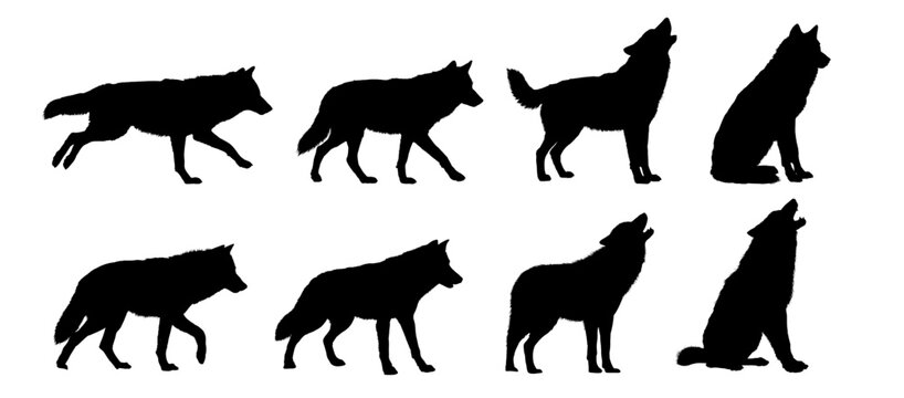 Set of wolf silhouettes. Wolf silhouette isolated.	