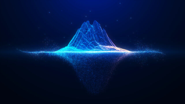 Glowing blue digital iceberg made of particles and wireframe mesh representing big data artificial intelligence and deep web concepts on a dark background