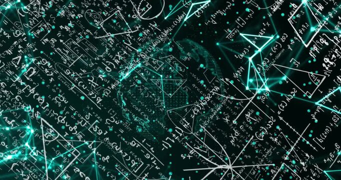 Camera shifting, equations rotating while teal particles forming globe, showing network links