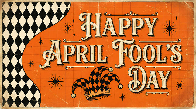 Vintage April Fools Day Sign with Jester Hat and Checkerboard Pattern