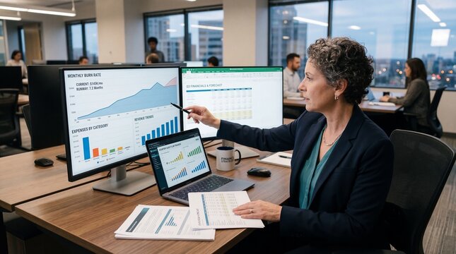Financial consultant analyzing startup burn rate using multiple screens and charts in a modern office environment