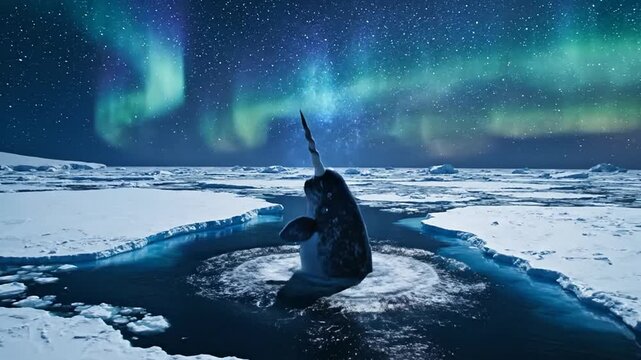 Majestic Narwhal With Glowing Tusk Breaches Arctic Ice Under Aurora Borealis