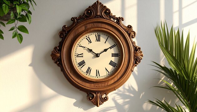 Vintage wooden wall clock with classic analog dial and decorative frame, retro home decor timepiece with traditional design.