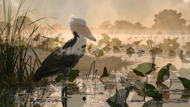 Majestic Shoebill Stork Standing Motionless at Sunrise