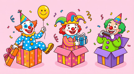 Fototapeta premium Colorful Clown Characters Emerging from Gift Boxes with Party Props