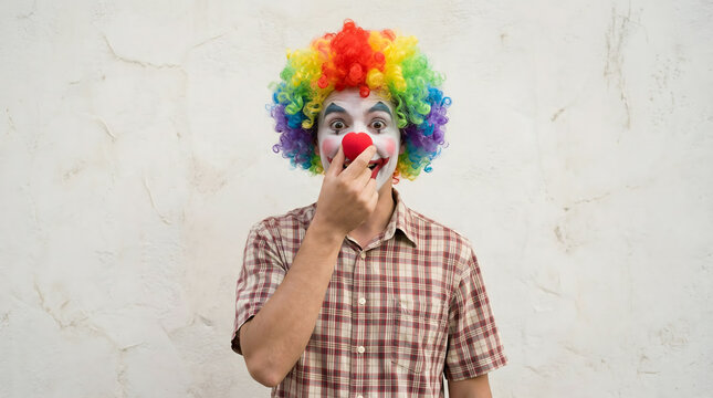 Man with colorful clown wig and nose covering mouth on white background