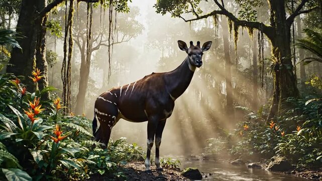 Majestic Okapi Emerges From Misty Rainforest Canopy