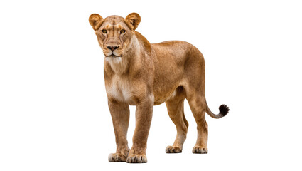 Obraz premium Isolated proud powerful adult female lioness standing looking forward with alert eyes