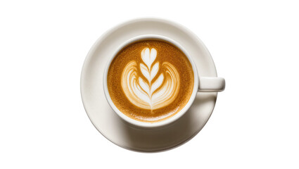 Isolated top view of a delicious hot latte coffee with beautiful heart and leaf art