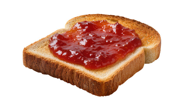 Isolated appetizing golden brown toasted bread slice with sweet red fruit jam spread for breakfast