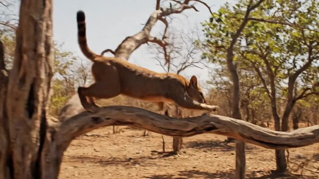 Malagasy Fossa Leaping Through Trees with Agility