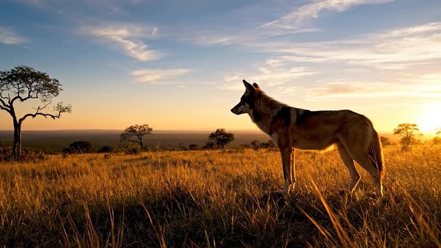Maned Wolf Stands Tall in Golden Sunset Savannah