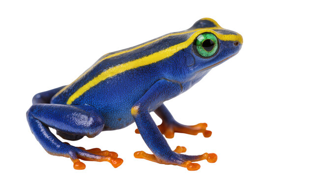 Isolated vibrant blue and yellow striped poison dart frog with bright green eyes and orange toes