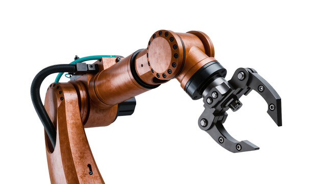 Isolated powerful industrial robotic arm with a precise mechanical gripper for automation