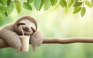 Fototapeta premium Sleepy Sloth Relaxing with Drink on Tree Branch