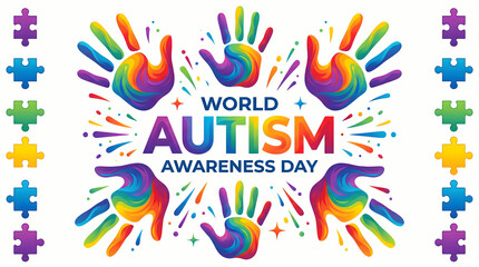 Fototapeta premium Colorful Rainbow Hands and Puzzle Pieces for World Autism Awareness Day
