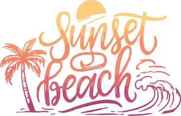 Fototapeta premium Summer beach tropical palm tree typography design with retro hand drawn lettering, sun, ocean waves, palm trees, seashells and tropical elements, bright summer colors, vintage style, vector ill