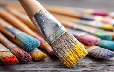 Fototapeta premium Vibrant Paint Brushes Dipped in Fresh Paint Colors