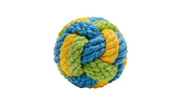 Isolated colorful braided rope ball, intricate monkey's fist knot design, vibrant blue yellow green