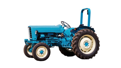 Isolated classic azure blue farm tractor, a vintage agricultural machine with large powerful wheels © Paula