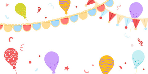 Celebration party horizontal banner with bunting, balloons, confetti. Festive vintage greeting design with blank copy space. Vector hand drawn illustration for print, web, sale, shop opening © Ekaterina Sumanosova