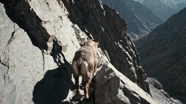 Markhor descends a treacherous mountain path