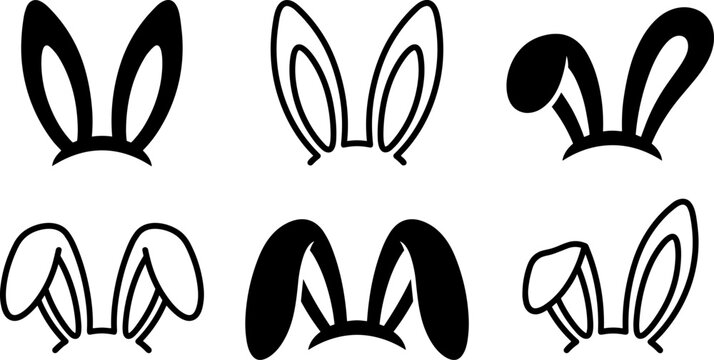 Collection of six distinct black and white bunny ear outlines for Easter and animal themes.