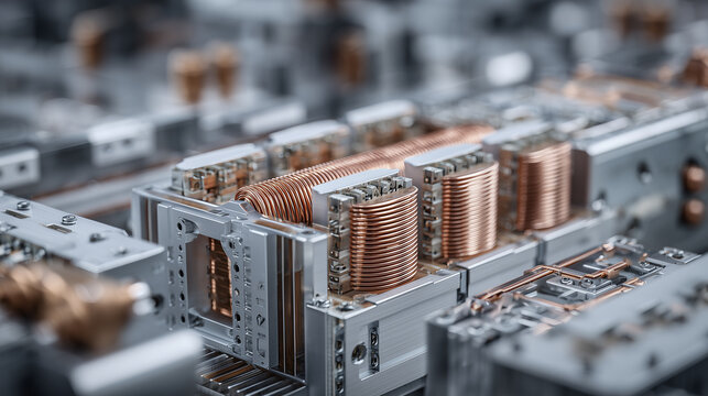 Industrial copper coil transformer component in modern electrical power equipment high precision engineering technology background