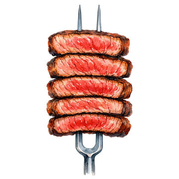 A watercolor illustration of sliced beef steak on a meat fork for steakhouse menus, barbecue food designs, restaurant branding, and culinary illustrations.