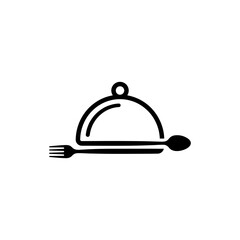 Obraz premium Black and white minimalist vector illustration of a restaurant cloche or food serving dome with a fork and spoon. Perfect symbol for catering services, restaurant menus, food delivery apps, and dining
