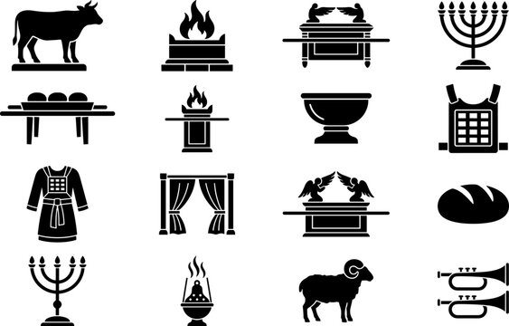 Ancient Israelite Tabernacle and Temple Worship Elements Icons Set.