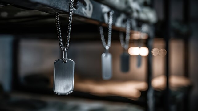 stainless steel dog tags with no engraving hanging from a bunk bed frame inside a quiet military dormitory, dramatic lighting 