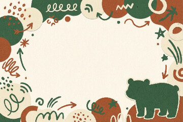 Fototapeta premium Abstract organic doodle border frame with green bear, arrows, and shapes on a light beige background, ideal for playful nature-themed designs and children's content