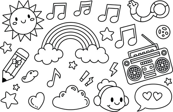 Colorful illustration of a smiling sun, rainbow, and various whimsical objects