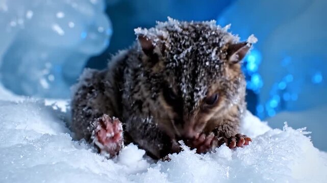Mountain Pygmy Possum Emerges From Winter Hibernation In Snow