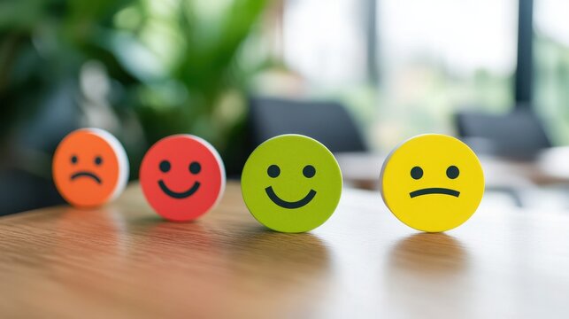 Colorful smiley face emojis on office desk for feedback and emotions