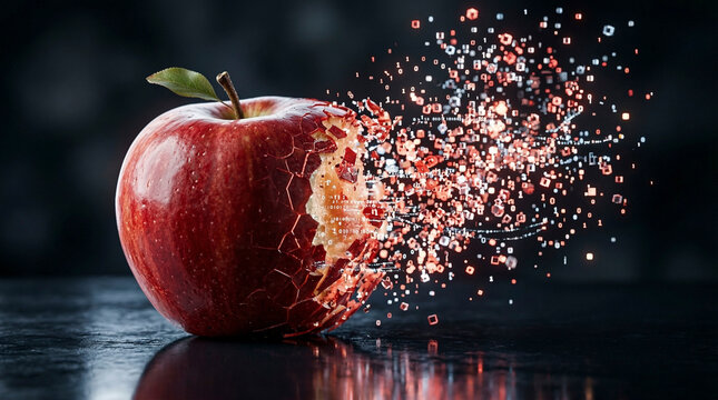 A shiny red apple disintegrates into glowing digital pixels and binary code on a dark reflective surface, blending nature with cyberpunk technology in a surreal concept.