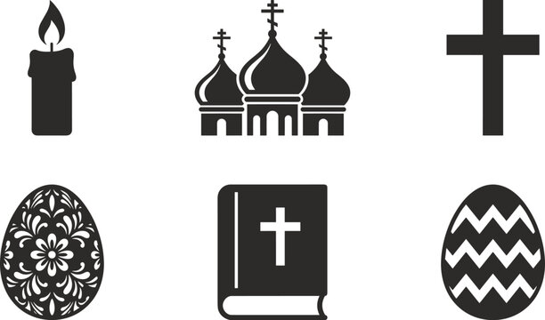 Orthodox Christian religious symbols set including church, cross, candle, and Easter eggs.