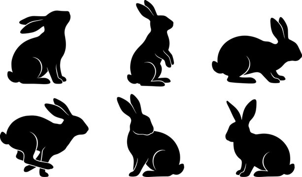 Collection of six black rabbit silhouettes in various poses.
