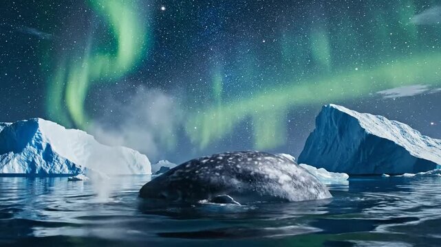 Narwhal surfaces beneath aurora in icy arctic waters
