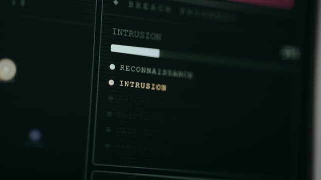 Interface displays the steps of hacking attack and a progress bar. Ethical hacking concept