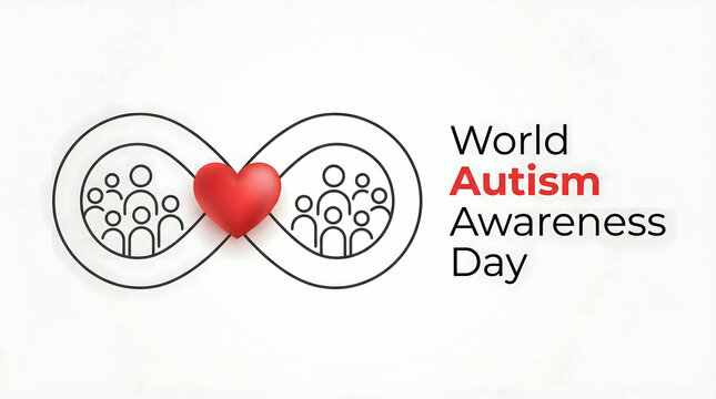 World Autism Awareness Day infinity symbol with red heart and people icons