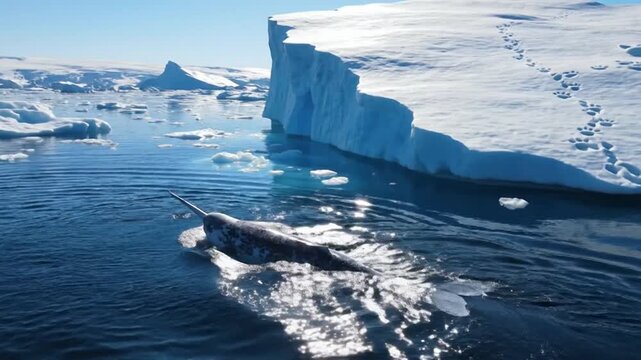 Narwhal Swims in Icy Arctic Waters Near Berg
