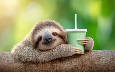 Fototapeta premium Sleepy Sloth Hanging from Tree Branch with Drink